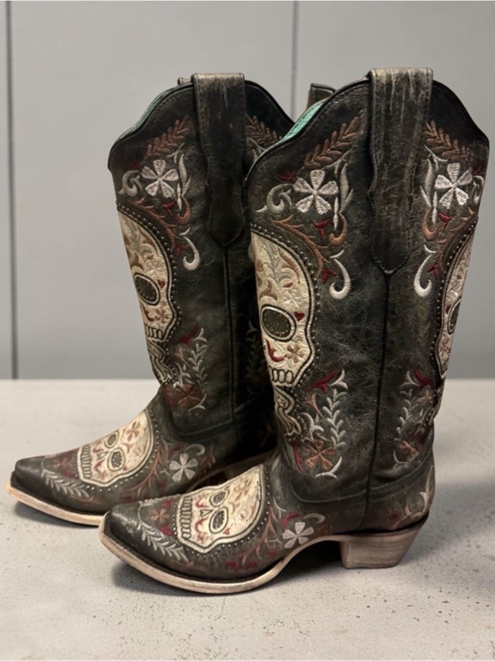 Corral Dark Brown Leather Western Boots with Sugar Skull Embroidery Size 7 - Picture 2 of 6
